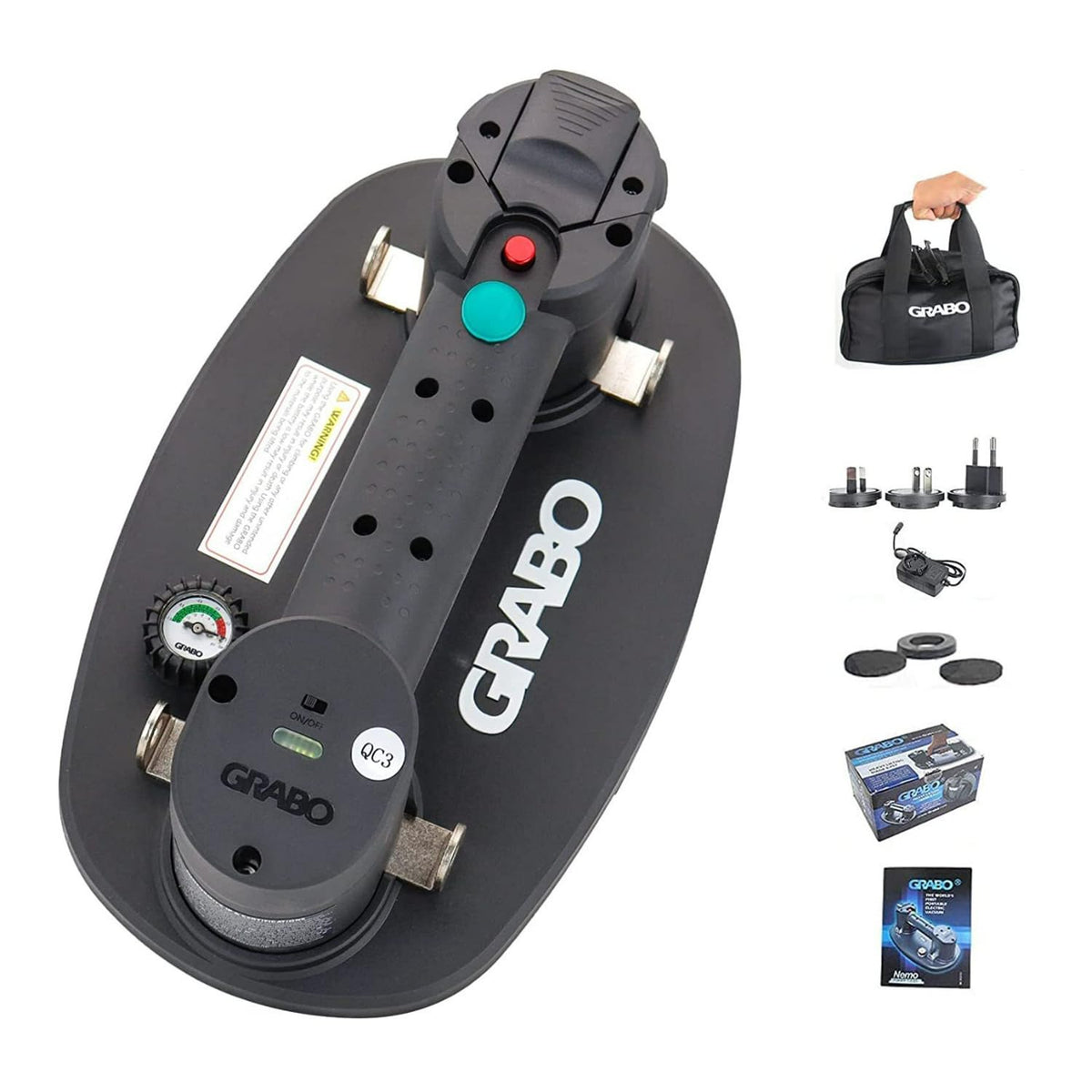 Grabo Nemo Electric Vacuum Suction Cup Lifter | 375 lb capacity, battery and seal included, works on tile, wood, glass, stone and metal