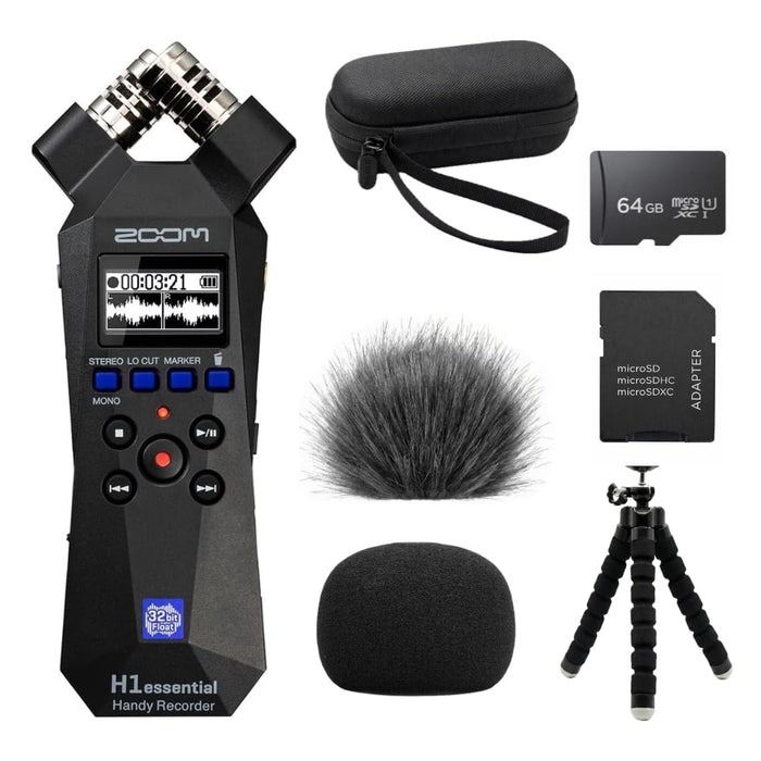 Zoom H1essential Handy Recorder Bundle with 64GB Ultra microSD Card and Adapter, 99KOLB Accessories(EVA Case, Furry & Foam Windscreens Set, Octopus Tripod)