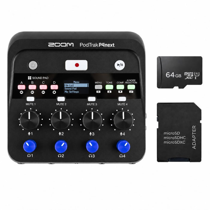 Zoom PodTrak P4next Podcast Recorder, 4 Mic Inputs, 4 Headphone Outputs, Battery Powered, AI Noise Reduction, Sound Pads, Phone Input, USB Audio Interface