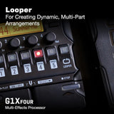 Zoom G1X FOUR Guitar Multi-Effects Bundle with Headphones, Cable & Adapter | Quiet practice setup with Samson SR850 headphones, PigHog PH10 10 ft guitar cable, 9V adapter and 99KOLB polishing cloth.