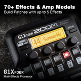 Zoom G1X FOUR Guitar Multi-Effects Bundle with Headphones, Cable & Adapter | Quiet practice setup with Samson SR850 headphones, PigHog PH10 10 ft guitar cable, 9V adapter and 99KOLB polishing cloth.
