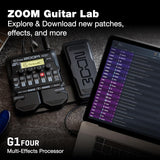 Zoom G1X FOUR Guitar Multi-Effects Bundle with Headphones, Cable & Adapter | Quiet practice setup with Samson SR850 headphones, PigHog PH10 10 ft guitar cable, 9V adapter and 99KOLB polishing cloth.