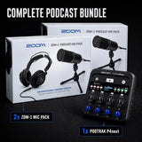 Zoom PodTrak P4next Podcast Recorder Bundle with 2xZDM-1 Mic Packs | Includes 2 Zoom ZDM-1 Podcast Mic Packs: 2 microphones, 2 headphones, 2 tripods, 2 windscreens and 2 XLR cables.