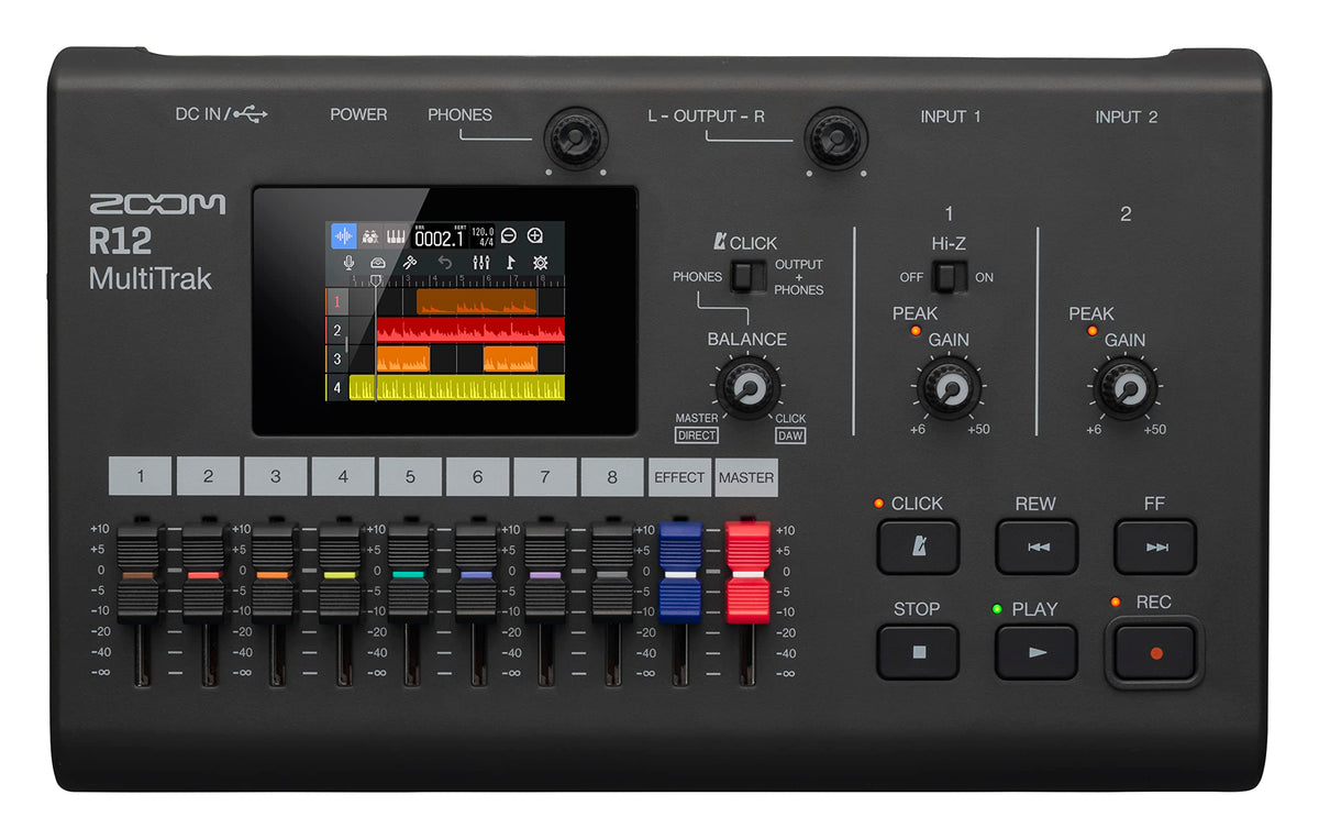 Zoom R12 Portable Recorder for Musicians with 8 Tracks, FX & Drum Loops | 2 XLR/TRS Combo Inputs, Touchscreen, Onboard Editing, Effects, Drum Loops, Battery Powered