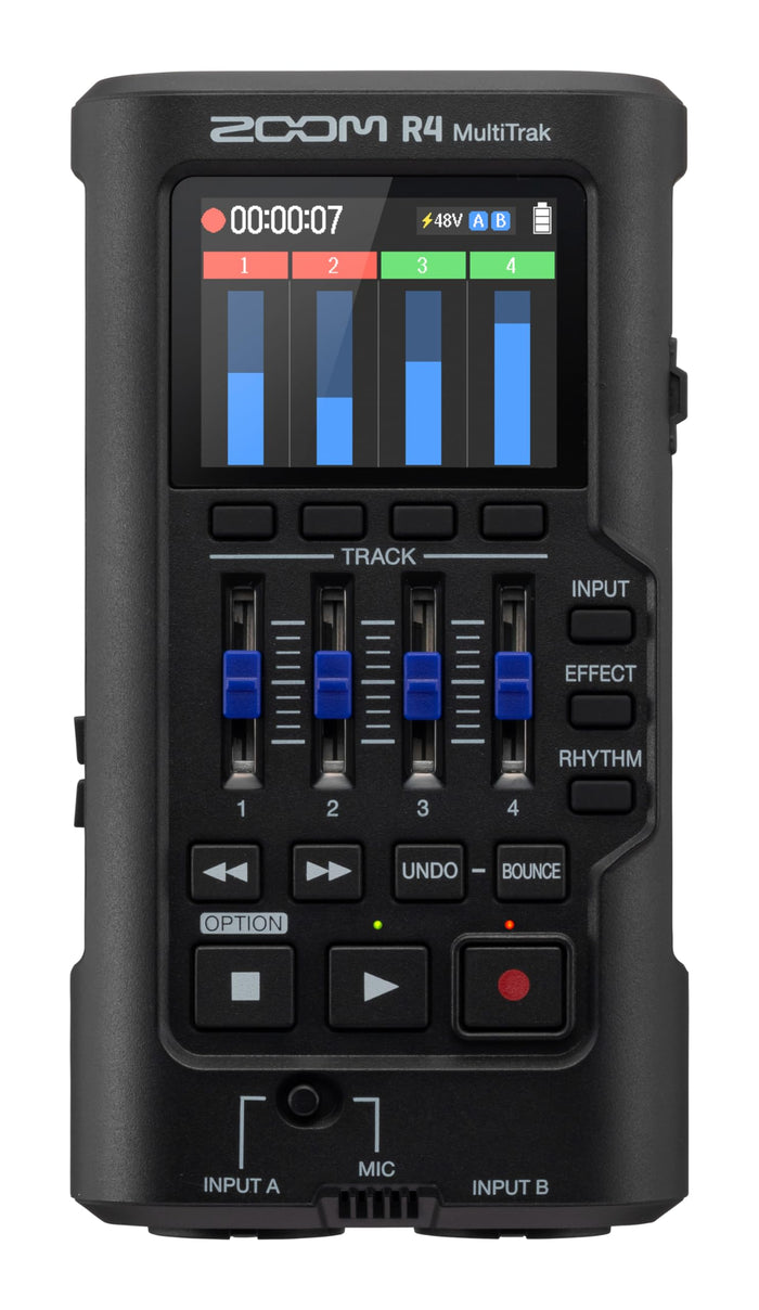 Zoom R4 Multi-Track Recorder for Musicians with 2 XLR/TRS Combo Inputs, 32-Bit Float, Stereo Bouncing Built-in Microphone, Effects, Rhythms, Battery Powered, USB Audio Interface