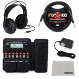 Zoom G1X FOUR Guitar Multi-Effects Bundle with Headphones, Cable & Adapter | Quiet practice setup with Samson SR850 headphones, PigHog PH10 10 ft guitar cable, 9V adapter and 99KOLB polishing cloth.