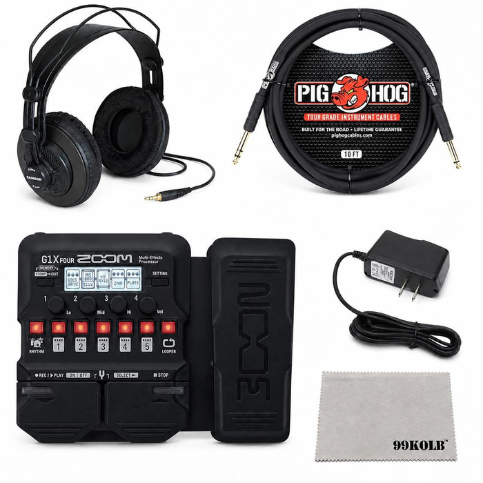 Zoom G1X FOUR Guitar Multi-Effects Bundle with Headphones, Cable & Adapter | Quiet practice setup with Samson SR850 headphones, PigHog PH10 10 ft guitar cable, 9V adapter and 99KOLB polishing cloth.