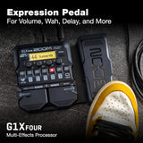 Zoom G1X FOUR Guitar Multi-Effects Bundle with Headphones, Cable & Adapter | Quiet practice setup with Samson SR850 headphones, PigHog PH10 10 ft guitar cable, 9V adapter and 99KOLB polishing cloth.