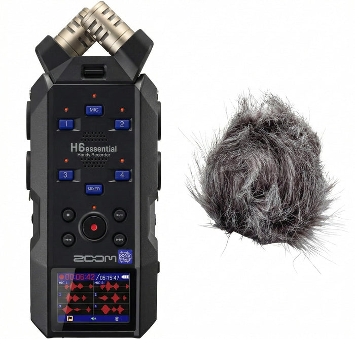 Zoom H6essential 6-Track 32-Bit Float Portable Audio Recorder Bundle with APH-6e H6essential Accessory Pack with Hairy Windscreen, Padded Shell Case, AC Adapter, & USB C-Cable