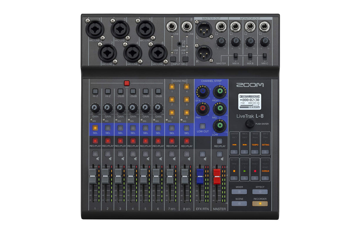 Zoom LiveTrak L-8 Battery Powered Mixer/Recorder for Musicians & Podcasters | 6 Combo + 2 Stereo Inputs, 4 Headphone Outputs, Sound Pads, Phone Input, USB Audio Interface