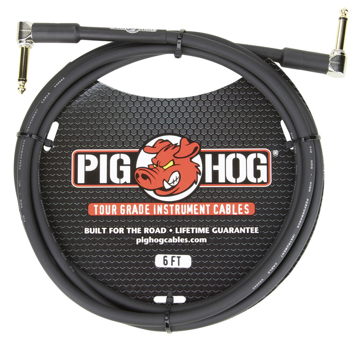 Pig Hog PH6RR High Performance 8mm Right-Angle 1/4" Guitar Instrument Cable, 6 Feet